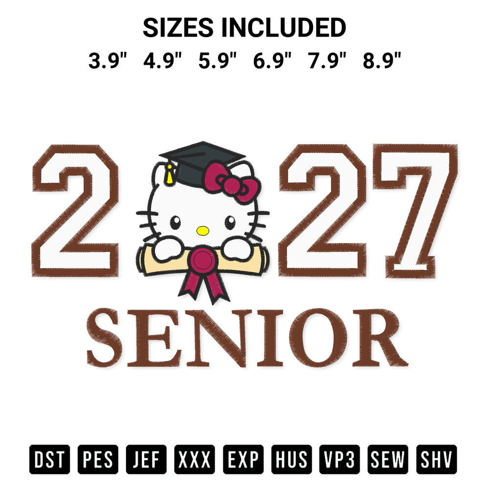 Shop the Senior 2027 Kitty Embroidery Design machine embroidery pattern at Designspacks.com. Beautifully digitized for flawless stitching on any fabric. Available sizes: 3.9", 4.9", 5.9", 6.9", 7.9", 8.9".