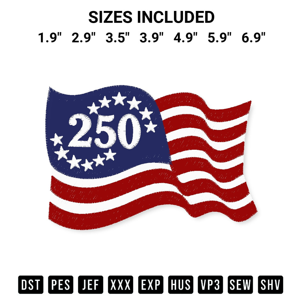 Elevate your next project with our Patriotic Usa 250 Flag Embroidery Design embroidery file. Shop high-quality digital patterns instantly at Designspacks.com. Available sizes: 1.9", 2.9", 3.5", 3.9", 4.9", 5.9", 6.9".