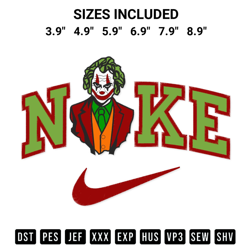 Stitch like a pro with the Joker X Nike Embroidery Design embroidery pattern from Designspacks.com. High-quality digital machine embroidery file. Available sizes: 3.9", 4.9", 5.9", 6.9", 7.9", 8.9".
