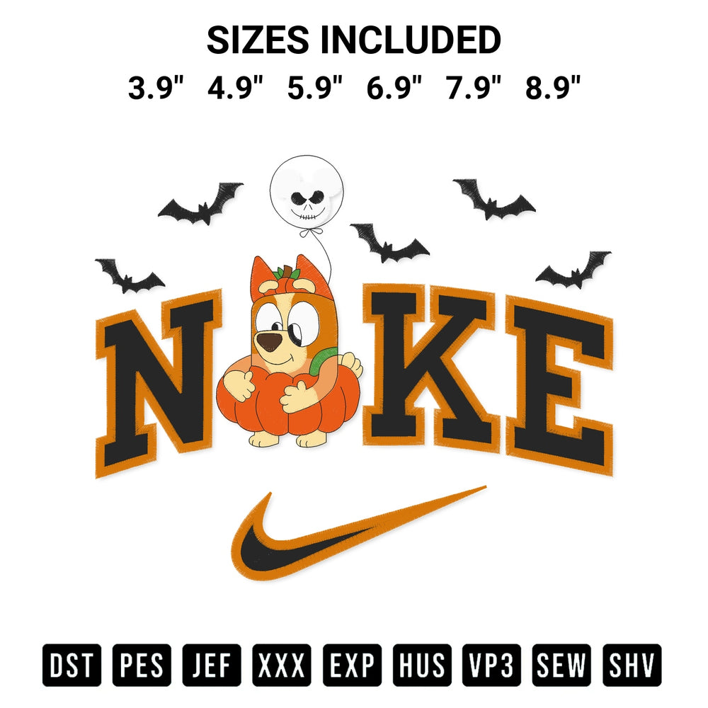Get the Halloween Bluey Bingo X Nike Embroidery Design embroidery design for your custom crafts! Premium digitized files available for instant download at Designspacks.com. Available sizes: 3.9", 4.9", 5.9", 6.9", 7.9", 8.9".