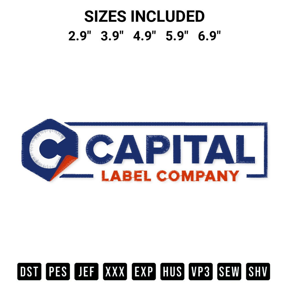 Stitch like a pro with the Capital Label Company Embroidery Design embroidery pattern from Designspacks.com. High-quality digital machine embroidery file. Available sizes: 2.9", 3.9", 4.9", 5.9", 6.9".