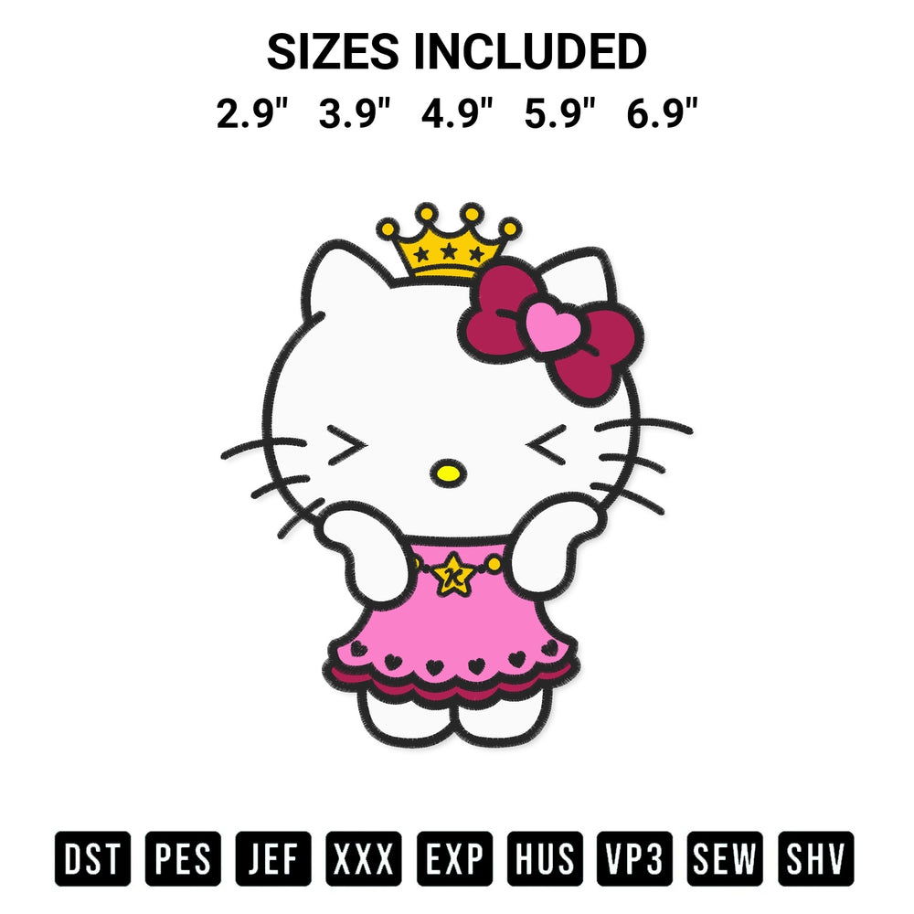 Shop the Hello Kitty Princess With Crown And Bow Embroidery Design machine embroidery pattern at Designspacks.com. Beautifully digitized for flawless stitching on any fabric. Available sizes: 2.9", 3.9", 4.9", 5.9", 6.9".