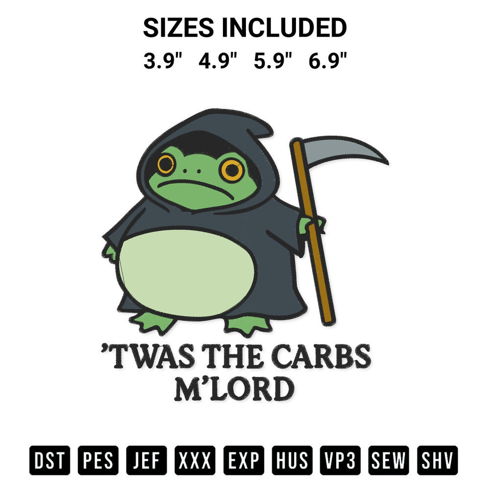 Get the Twas The Carbs M Lord Embroidery Design embroidery design for your custom crafts! Premium digitized files available for instant download at Designspacks.com. Available sizes: 3.9", 4.9", 5.9", 6.9".