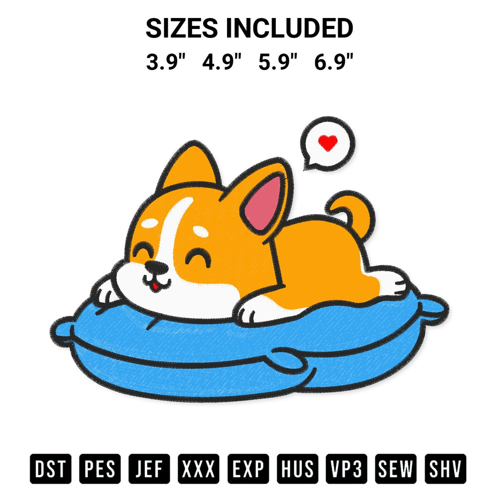 Shop the Cute Corgi Sleeping On A Pillow Embroidery Design machine embroidery pattern at Designspacks.com. Beautifully digitized for flawless stitching on any fabric. Available sizes: 3.9", 4.9", 5.9", 6.9".