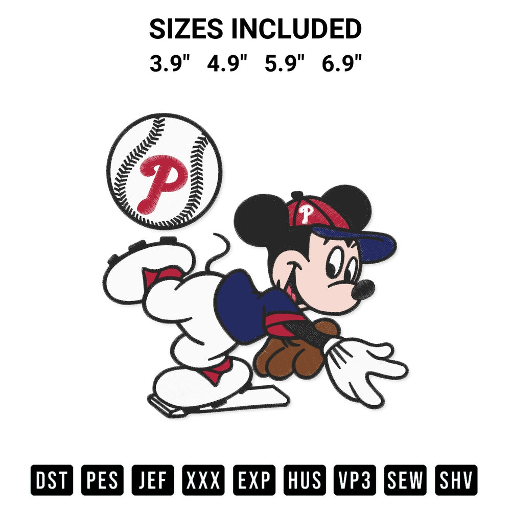 Stitch like a pro with the Baseball Philadelphia Phillies Mickey Mouse Embroidery Design embroidery pattern from Designspacks.com. High-quality digital machine embroidery file. Available sizes: 3.9", 4.9", 5.9", 6.9".