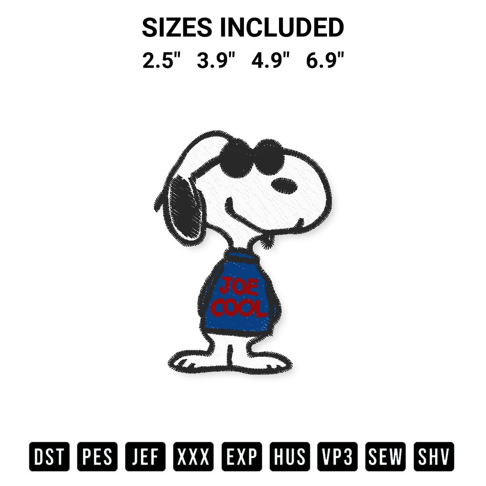 Transform your fabrics with the Snoopy Joe Cool Embroidery Design embroidery design. Instant access to premium digitized patterns at Designspacks.com. Available sizes: 2.5", 3.9", 4.9", 6.9".