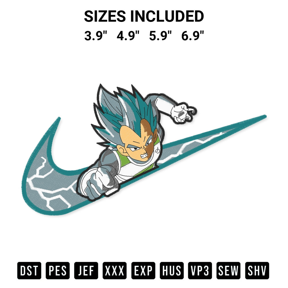 Stitch like a pro with the Swoosh Vegeta Bejita Cadic Dragon Ball Embroidery Design embroidery pattern from Designspacks.com. High-quality digital machine embroidery file. Available sizes: 3.9", 4.9", 5.9", 6.9".