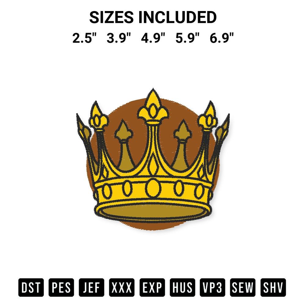 Transform your fabrics with the Golden Crown Embroidery Design embroidery design. Instant access to premium digitized patterns at Designspacks.com. Available sizes: 2.5", 3.9", 4.9", 5.9", 6.9".