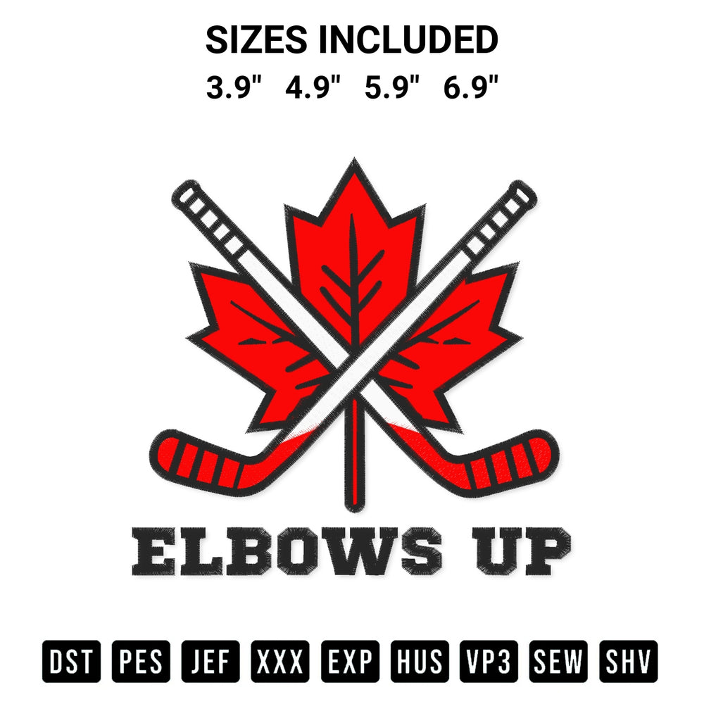 Shop the Maple Leaf Hockey Elbows Up Embroidery Design machine embroidery pattern at Designspacks.com. Beautifully digitized for flawless stitching on any fabric. Available sizes: 3.9", 4.9", 5.9", 6.9".