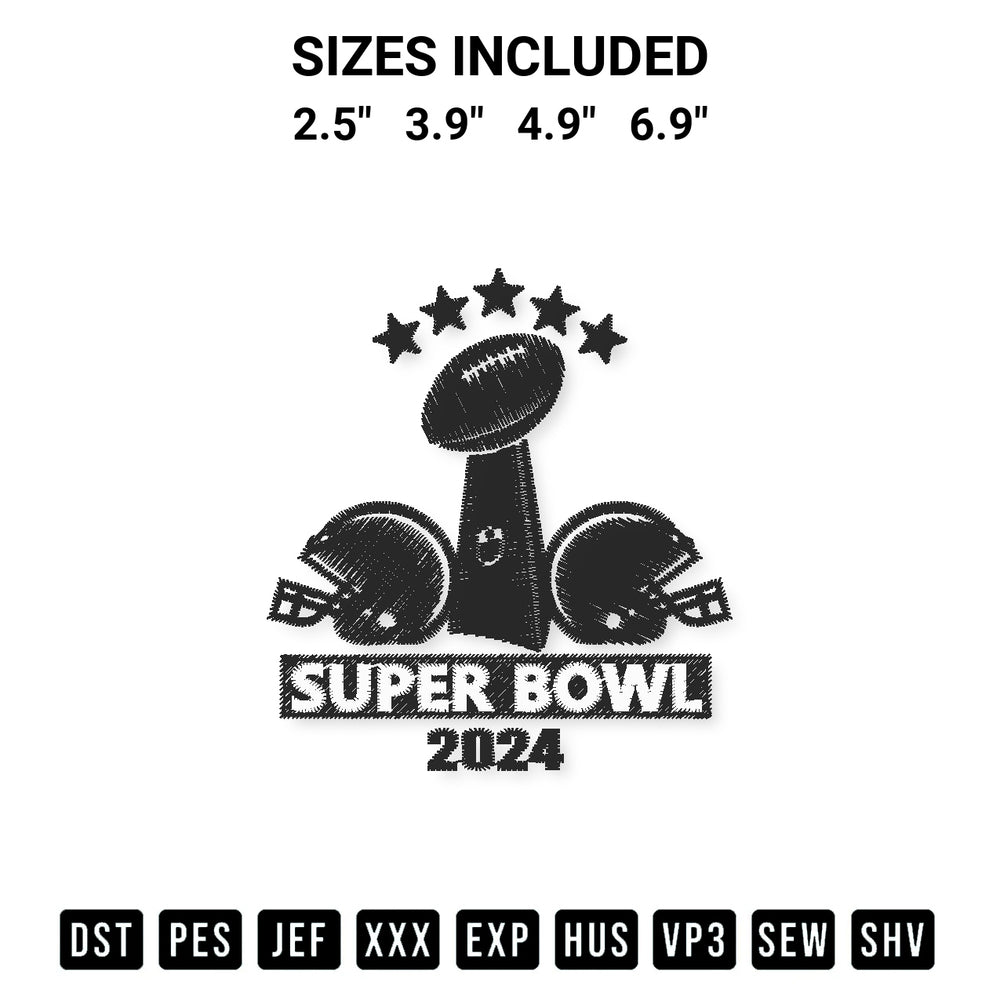 Add a unique touch to your apparel with the Super Bowl 2024 Trophy Embroidery Design embroidery file. Premium instant download available now on Designspacks.com. Available sizes: 2.5", 3.9", 4.9", 6.9".