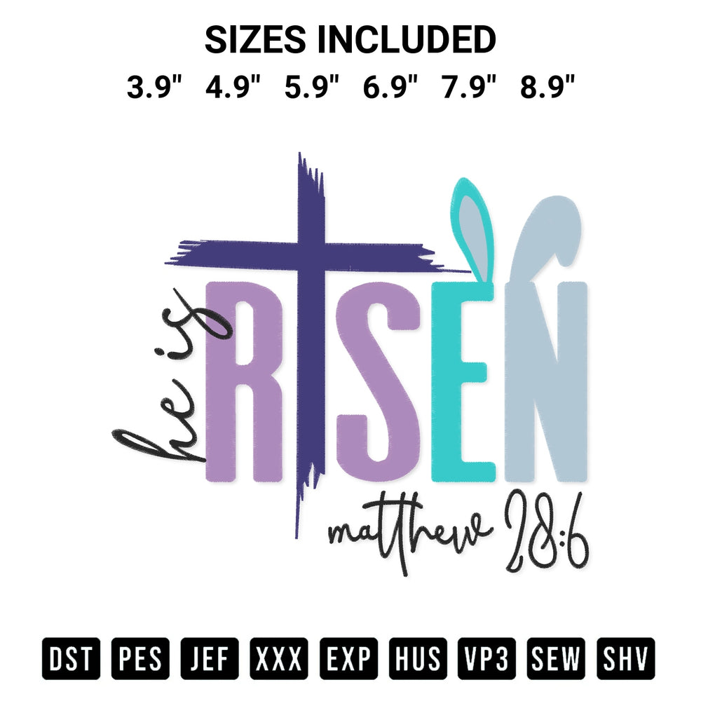 Discover the perfect addition to your crafting collection: He Is Risen Matthew Embroidery Design embroidery file. Instantly available at Designspacks.com. Available sizes: 3.9", 4.9", 5.9", 6.9", 7.9", 8.9".