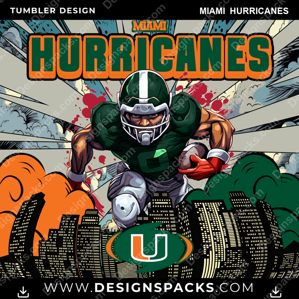 College Sport Comic Cover Miami Hurricanes NCAA College Sport Tumbler Digital Wrap Design Download
