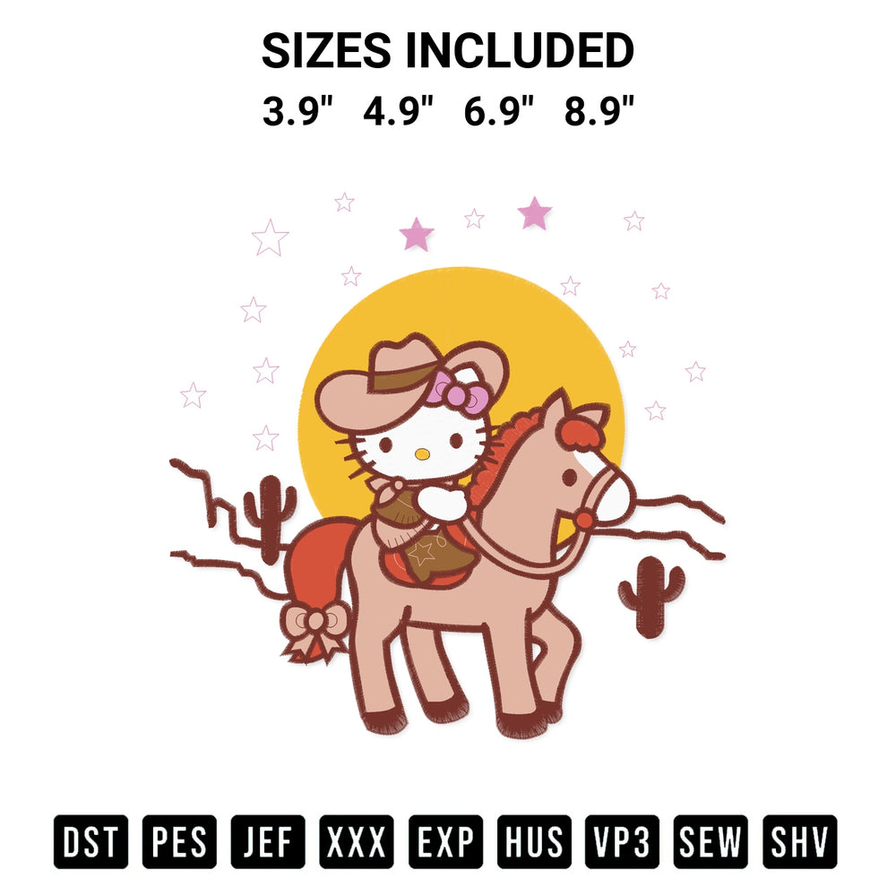 Add a unique touch to your apparel with the Hello Kitty Wild West Embroidery Design embroidery file. Premium instant download available now on Designspacks.com. Available sizes: 3.9", 4.9", 6.9", 8.9".