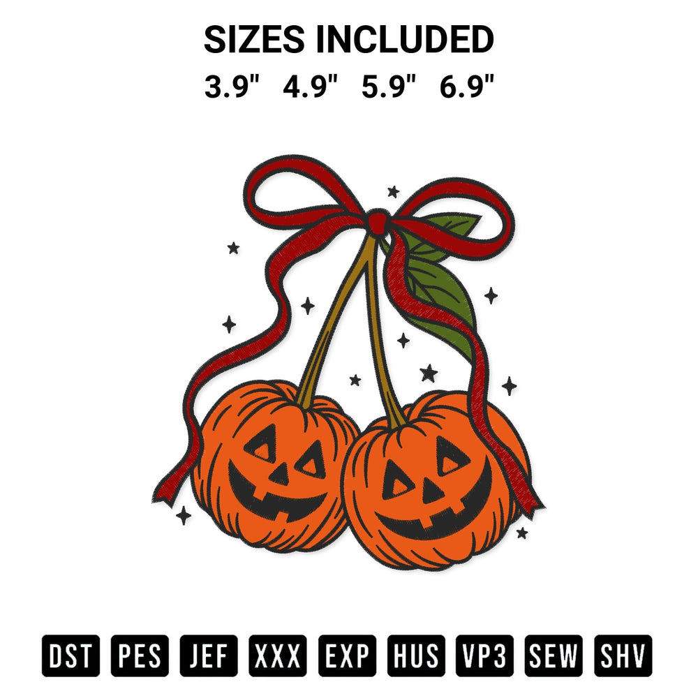 Discover the perfect addition to your crafting collection: Pumpkin Cherries Coquette Bow Embroidery Design embroidery file. Instantly available at Designspacks.com. Available sizes: 3.9", 4.9", 5.9", 6.9".