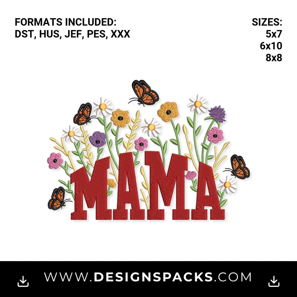 Mama Wildflower Butterfly Garden Embroidery Design - Instant digital download pattern at Designspacks.com