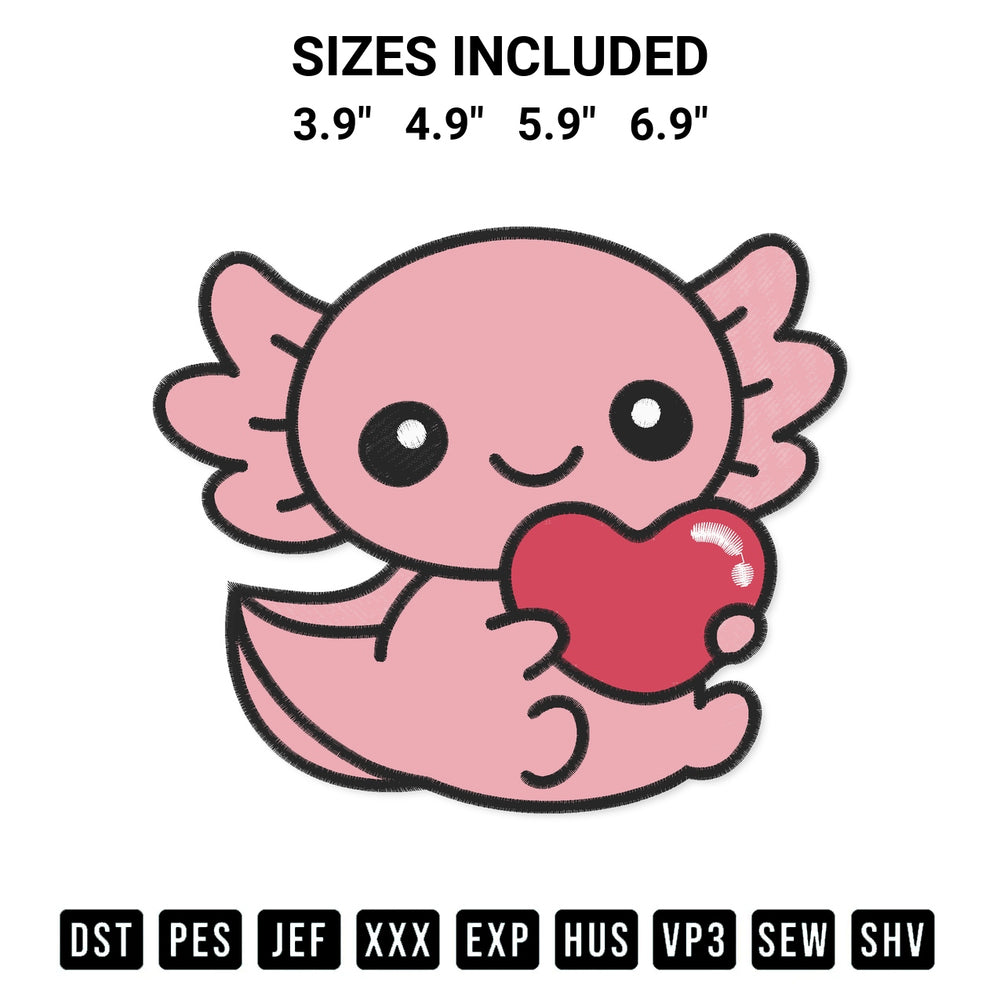 Transform your fabrics with the Cute Axolotl Embroidery Design embroidery design. Instant access to premium digitized patterns at Designspacks.com. Available sizes: 3.9", 4.9", 5.9", 6.9".