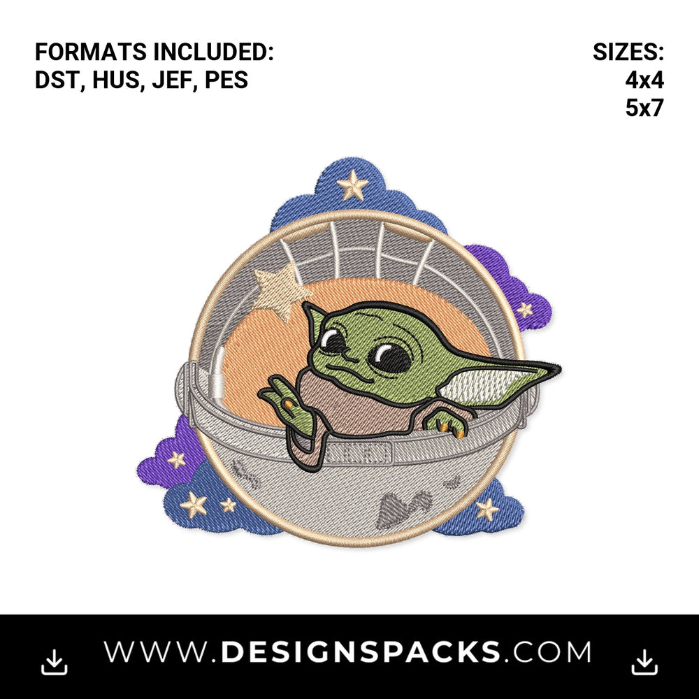 Baby Alien in Floating Pod with Stars Embroidery Design - Instant digital download pattern at Designspacks.com