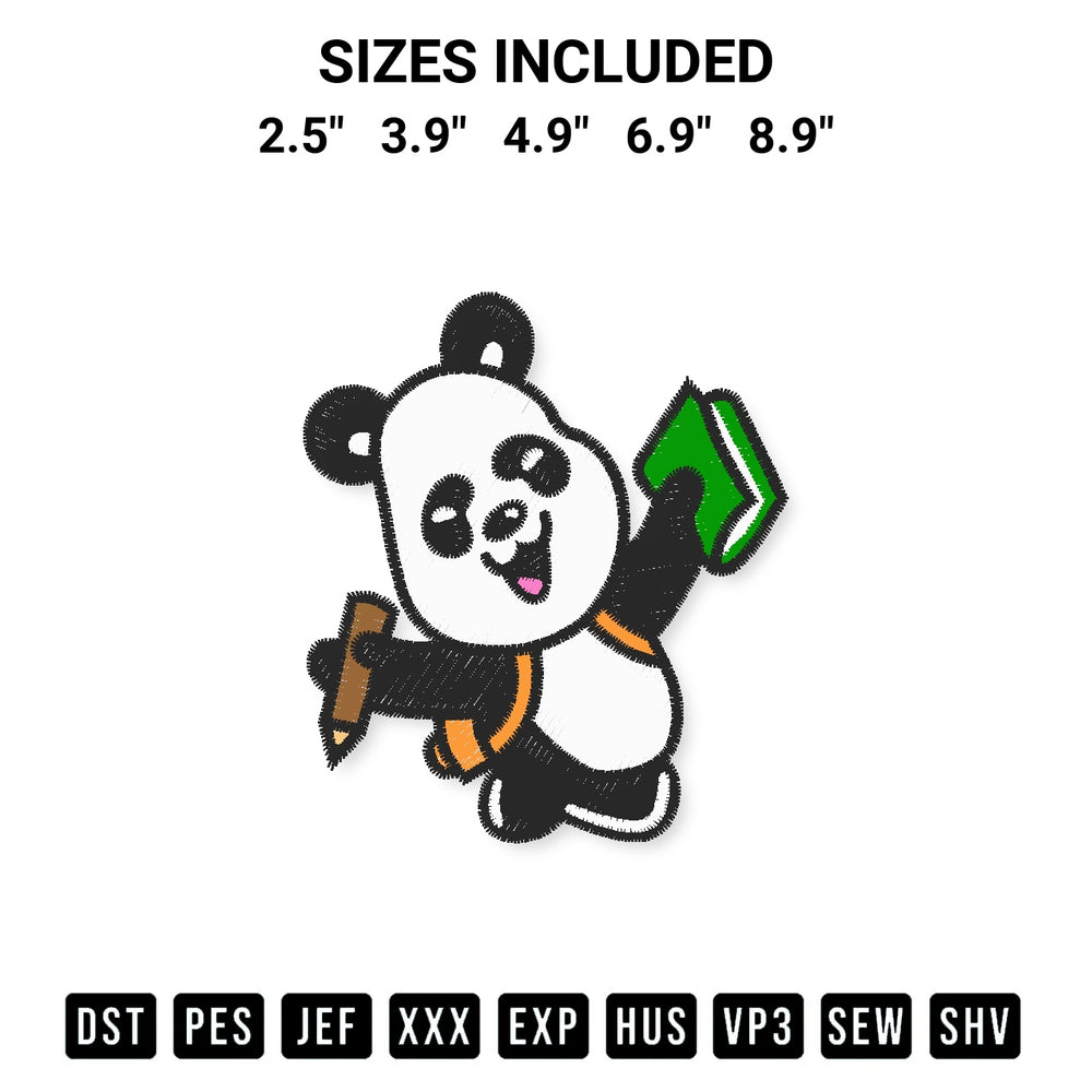 Stitch like a pro with the Panda Go To School Embroidery Design embroidery pattern from Designspacks.com. High-quality digital machine embroidery file. Available sizes: 2.5", 3.9", 4.9", 6.9", 8.9".