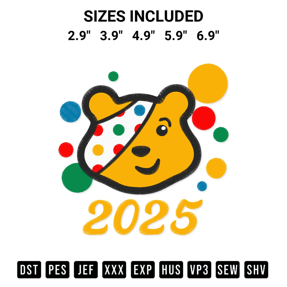 Elevate your next project with our Spotty Bear Face Pudsey 2025 Embroidery Design embroidery file. Shop high-quality digital patterns instantly at Designspacks.com. Available sizes: 2.9", 3.9", 4.9", 5.9", 6.9".
