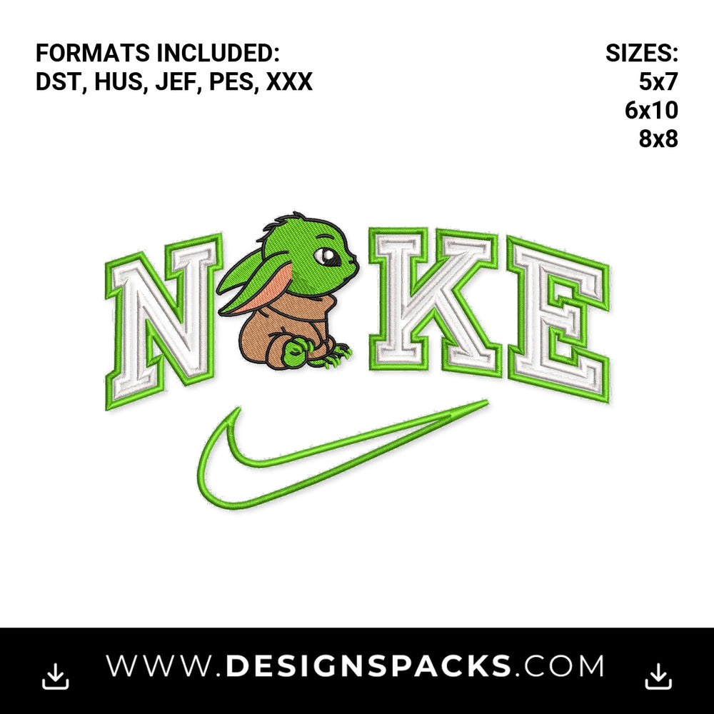Baby Yoda Nike Swoosh Applique Embroidery Design - Instant digital download pattern at Designspacks.com