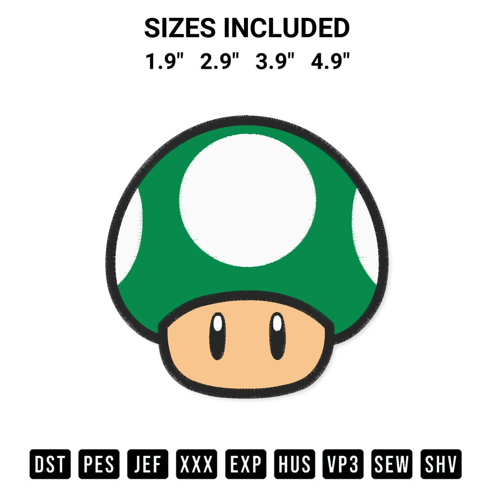 Transform your fabrics with the Super Mario Up Green Mushroom Embroidery Design embroidery design. Instant access to premium digitized patterns at Designspacks.com. Available sizes: 1.9", 2.9", 3.9", 4.9".