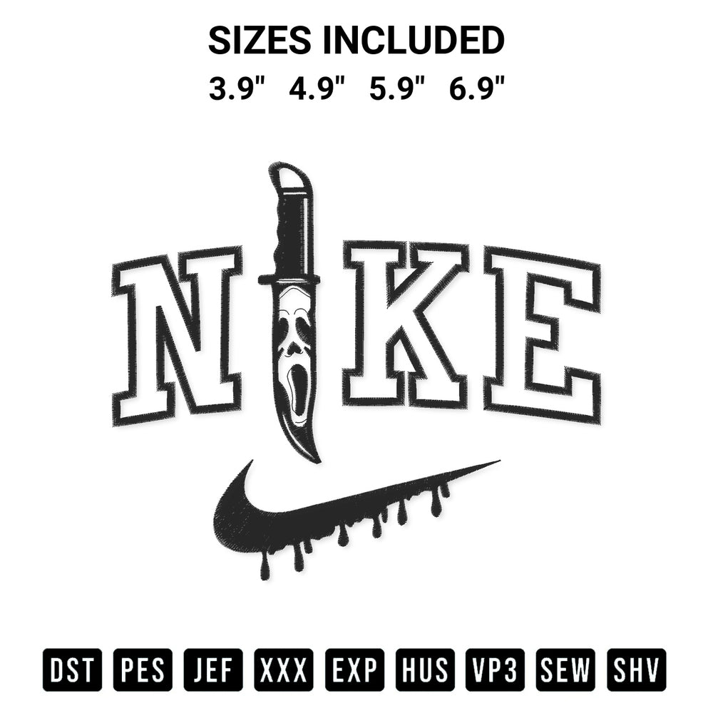 Stitch like a pro with the Nike Knife Ghostface Embroidery Design embroidery pattern from Designspacks.com. High-quality digital machine embroidery file. Available sizes: 3.9", 4.9", 5.9", 6.9".