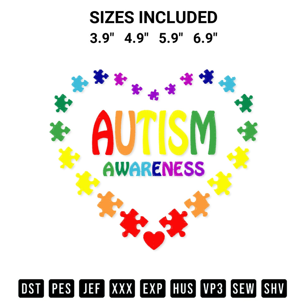 Shop the World Autism Awareness Heart Embroidery Design machine embroidery pattern at Designspacks.com. Beautifully digitized for flawless stitching on any fabric. Available sizes: 3.9", 4.9", 5.9", 6.9".