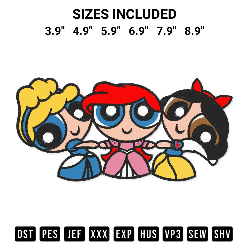 Elevate your next project with our Disney Princess Powerpuff Girls Embroidery Design embroidery file. Shop high-quality digital patterns instantly at Designspacks.com. Available sizes: 3.9", 4.9", 5.9", 6.9", 7.9", 8.9".
