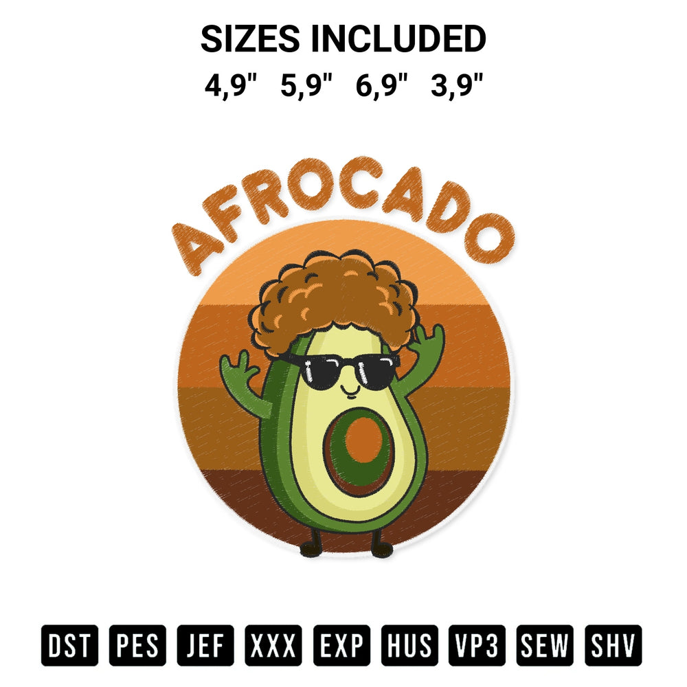 Shop the Afrocado Vintage Cute Gift Funny Avocado With Afro Pun Logo Embroidery Design machine embroidery pattern at Designspacks.com. Beautifully digitized for flawless stitching on any fabric. Available sizes: 4,9", 5,9", 6,9", 3,9".