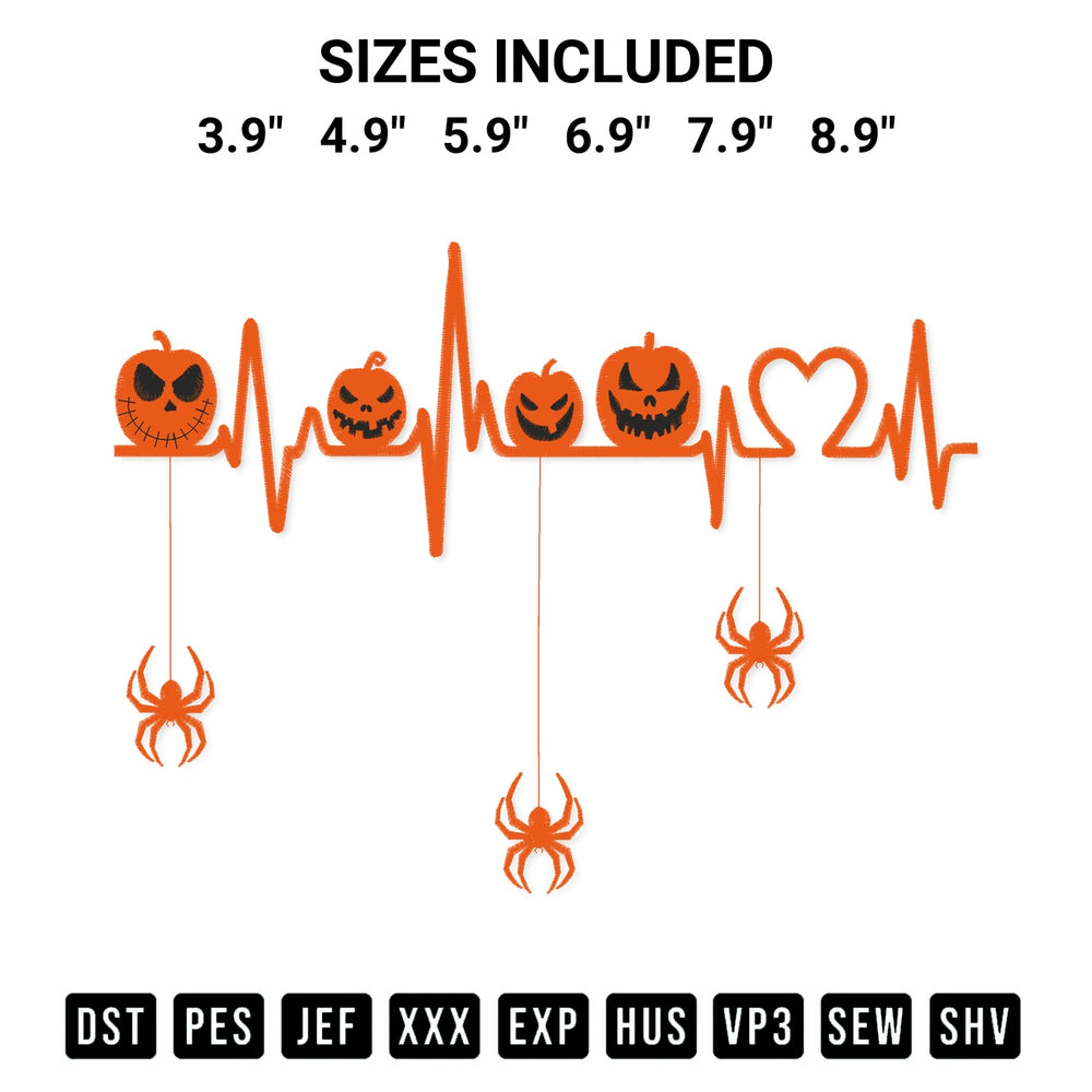 Shop the Pumpkin Heartbeat Halloween Embroidery Design machine embroidery pattern at Designspacks.com. Beautifully digitized for flawless stitching on any fabric. Available sizes: 3.9", 4.9", 5.9", 6.9", 7.9", 8.9".