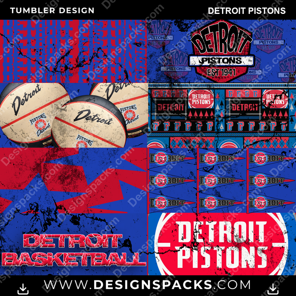 Basketball Distressed BG Detroit Pistons NBA Basketball Tumbler Digital Wrap Design Download
