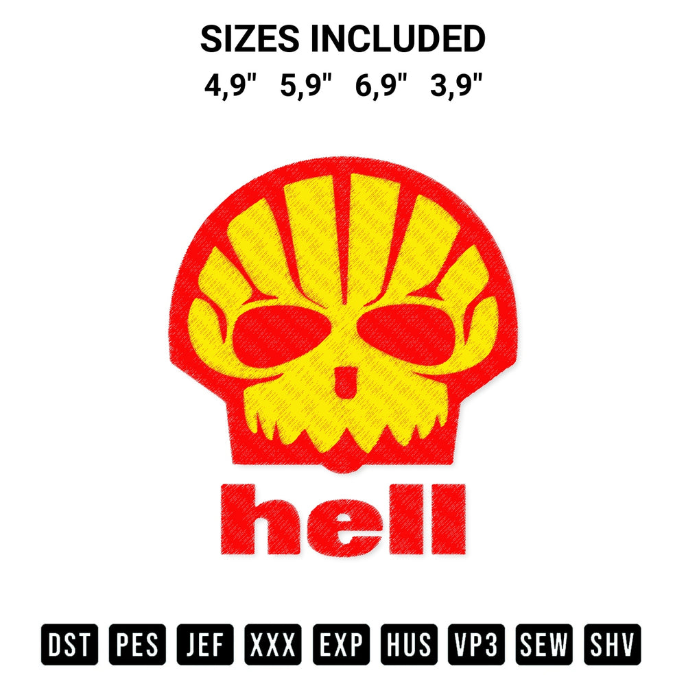 Looking for the perfect pattern? Download the Hell Shell Skull Shell Gas Station Logo Parody Funny Hell Skull Logo Embroidery Design embroidery design today at Designspacks.com. Crisp, clean stitching guaranteed. Available sizes: 4,9", 5,9", 6,9", 3,9".