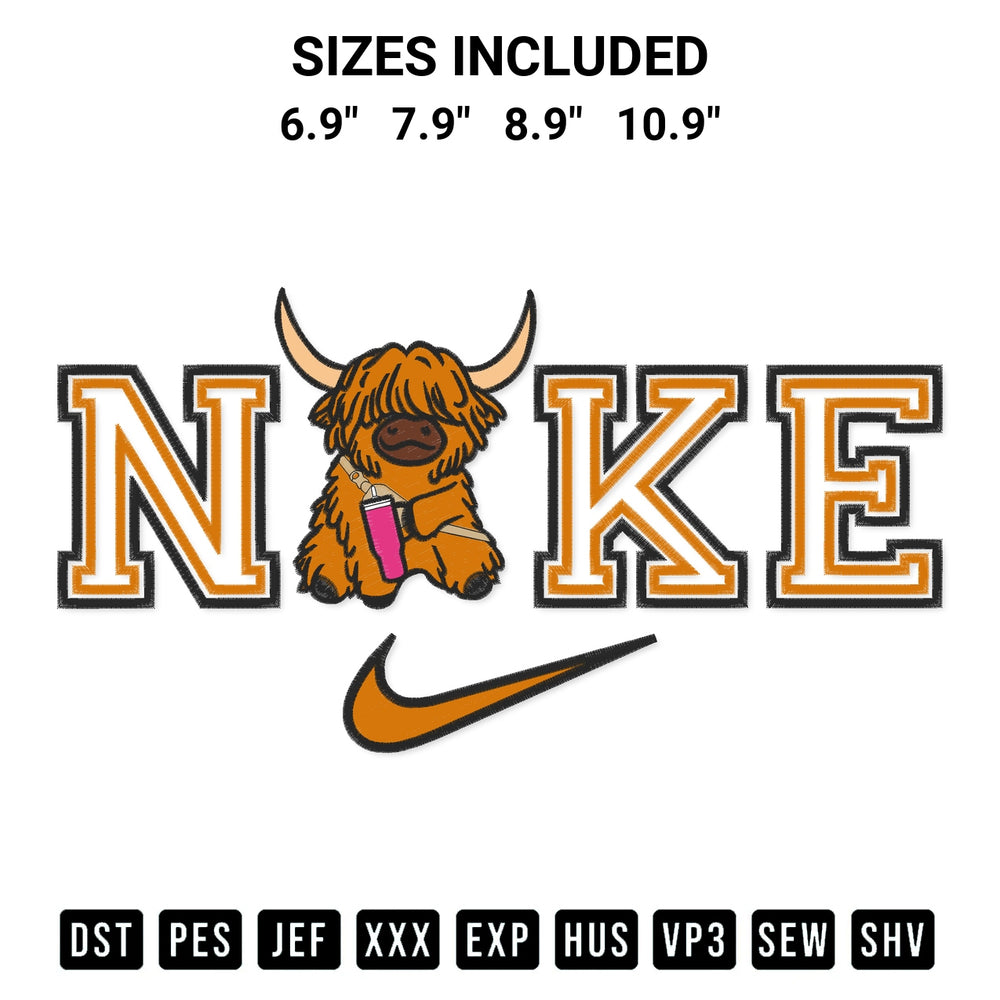 Download the Nike Highland Cow Valentine Embroidery Design machine embroidery design exclusively at Designspacks.com. Premium digitized pattern for apparel and DIY crafts. Available sizes: 6.9", 7.9", 8.9", 10.9".
