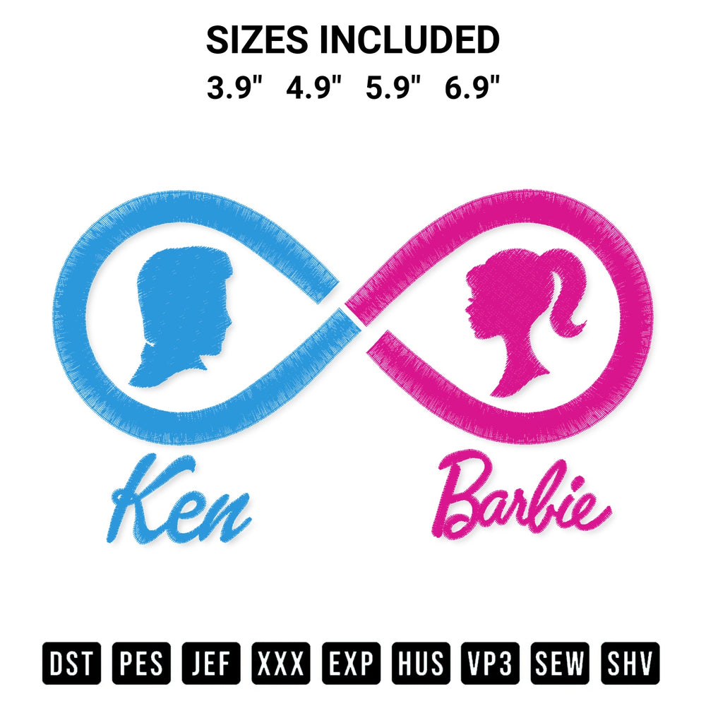 Elevate your next project with our Barbie Ken Infinity Embroidery Design embroidery file. Shop high-quality digital patterns instantly at Designspacks.com. Available sizes: 3.9", 4.9", 5.9", 6.9".