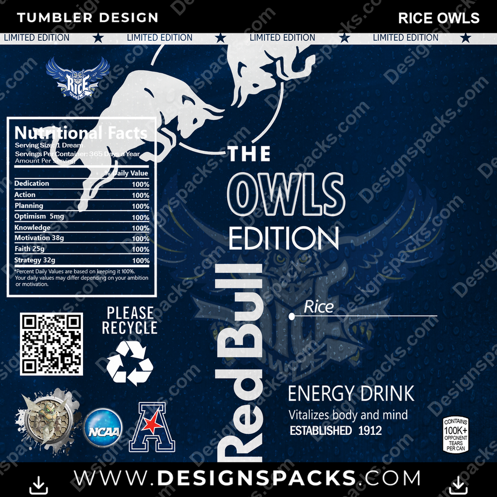 College Sport Red Bull Rice Owls NCAA College Sport Tumbler Digital Wrap Design Download