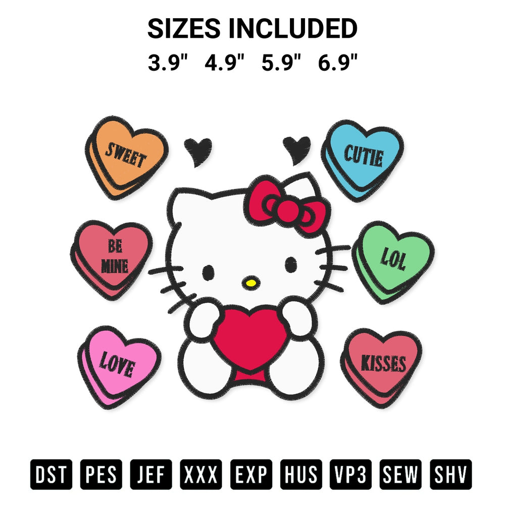 Elevate your next project with our Hello Kitty Candy Hearts Valentine Embroidery Design embroidery file. Shop high-quality digital patterns instantly at Designspacks.com. Available sizes: 3.9", 4.9", 5.9", 6.9".