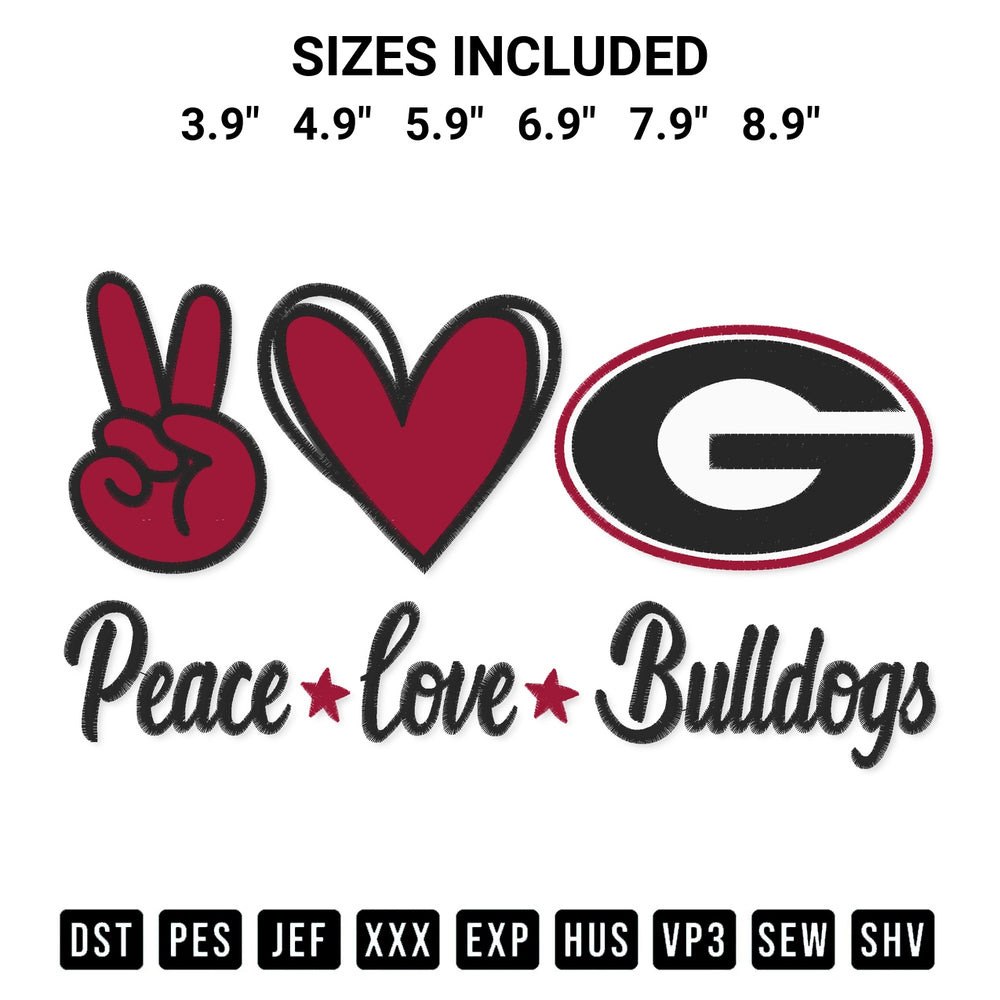 Create amazing crafts with the Peace Love Georgia Bulldogs Embroidery Design embroidery file. High-quality digital download from Designspacks.com, perfect for beginners and pros. Available sizes: 3.9", 4.9", 5.9", 6.9", 7.9", 8.9".