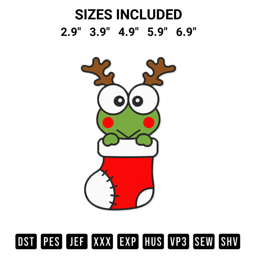 Create amazing crafts with the Keroppi In Stocking Christmas Embroidery Design embroidery file. High-quality digital download from Designspacks.com, perfect for beginners and pros. Available sizes: 2.9", 3.9", 4.9", 5.9", 6.9".