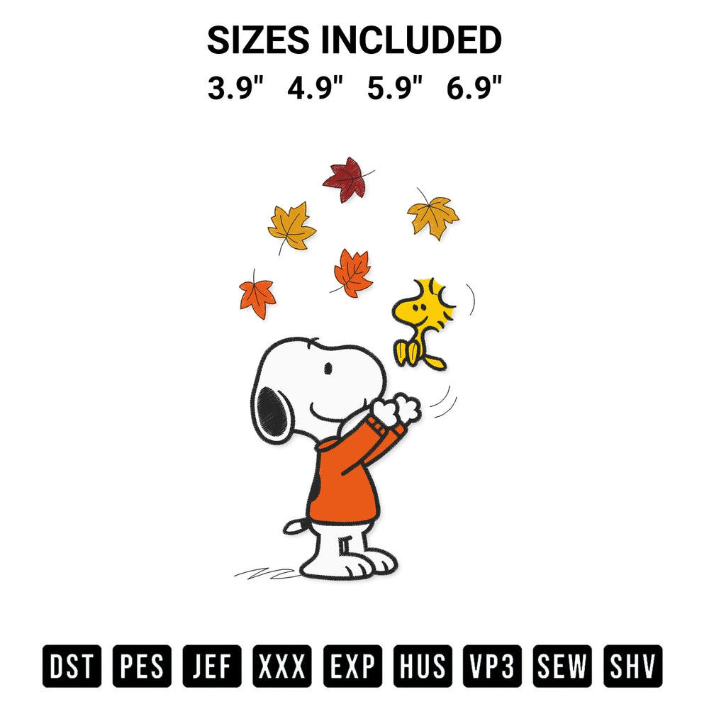 Add a unique touch to your apparel with the Snoopy And Woodstock Playing With Autumn Leaves Embroidery Design embroidery file. Premium instant download available now on Designspacks.com. Available sizes: 3.9", 4.9", 5.9", 6.9".
