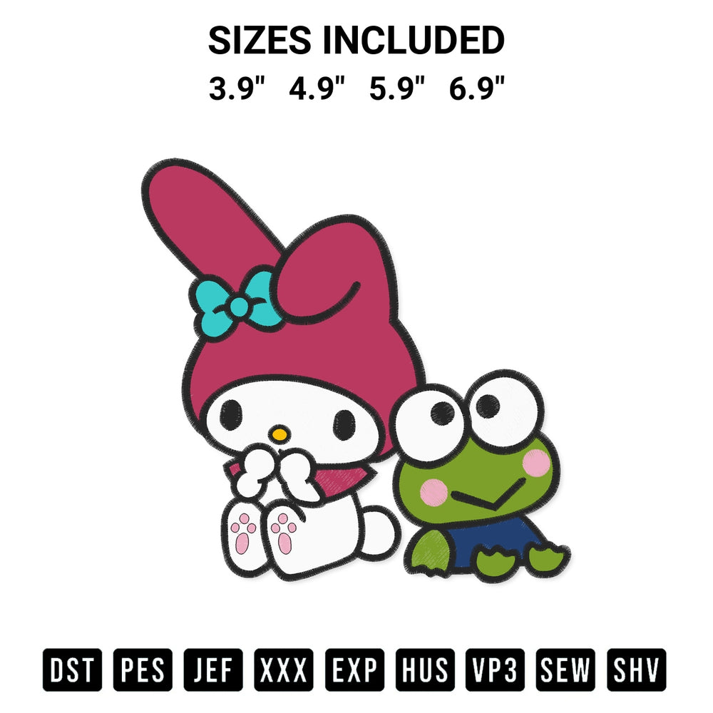 Stitch like a pro with the My Melody And Keroppi Embroidery Design embroidery pattern from Designspacks.com. High-quality digital machine embroidery file. Available sizes: 3.9", 4.9", 5.9", 6.9".
