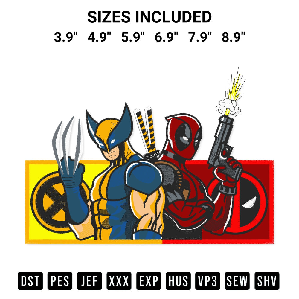 Download the Deadpool And Wolverine Embroidery Design machine embroidery design exclusively at Designspacks.com. Premium digitized pattern for apparel and DIY crafts. Available sizes: 3.9", 4.9", 5.9", 6.9", 7.9", 8.9".
