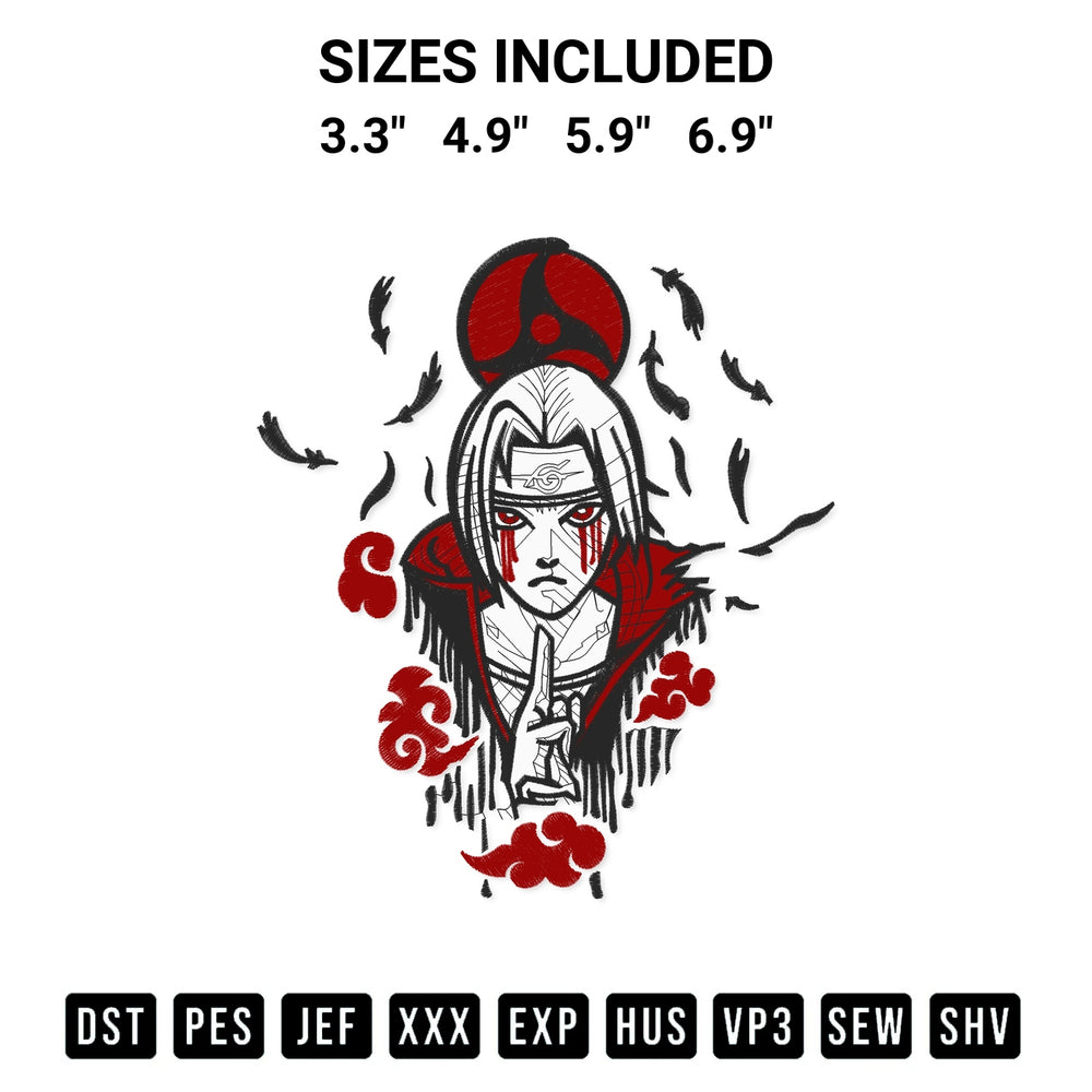 Download the Uchiha Itachi Anime Embroidery Design machine embroidery design exclusively at Designspacks.com. Premium digitized pattern for apparel and DIY crafts. Available sizes: 3.3", 4.9", 5.9", 6.9".