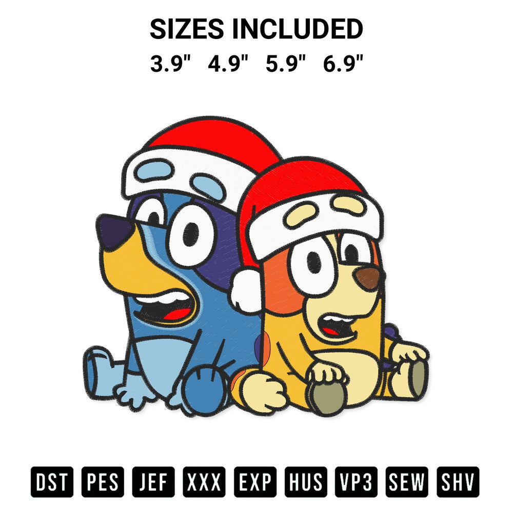 Looking for the perfect pattern? Download the Bluey And Bingo Santa Hat Christmas Embroidery Design embroidery design today at Designspacks.com. Crisp, clean stitching guaranteed. Available sizes: 3.9", 4.9", 5.9", 6.9".