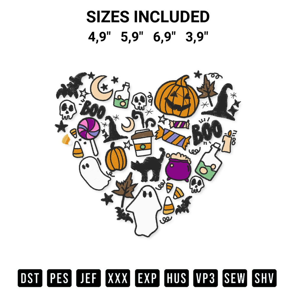 Discover the perfect addition to your crafting collection: Halloween 2022 Heart Symbol Pumpkin Boo Ghost Bats Logo Embroidery Design embroidery file. Instantly available at Designspacks.com. Available sizes: 4,9", 5,9", 6,9", 3,9".