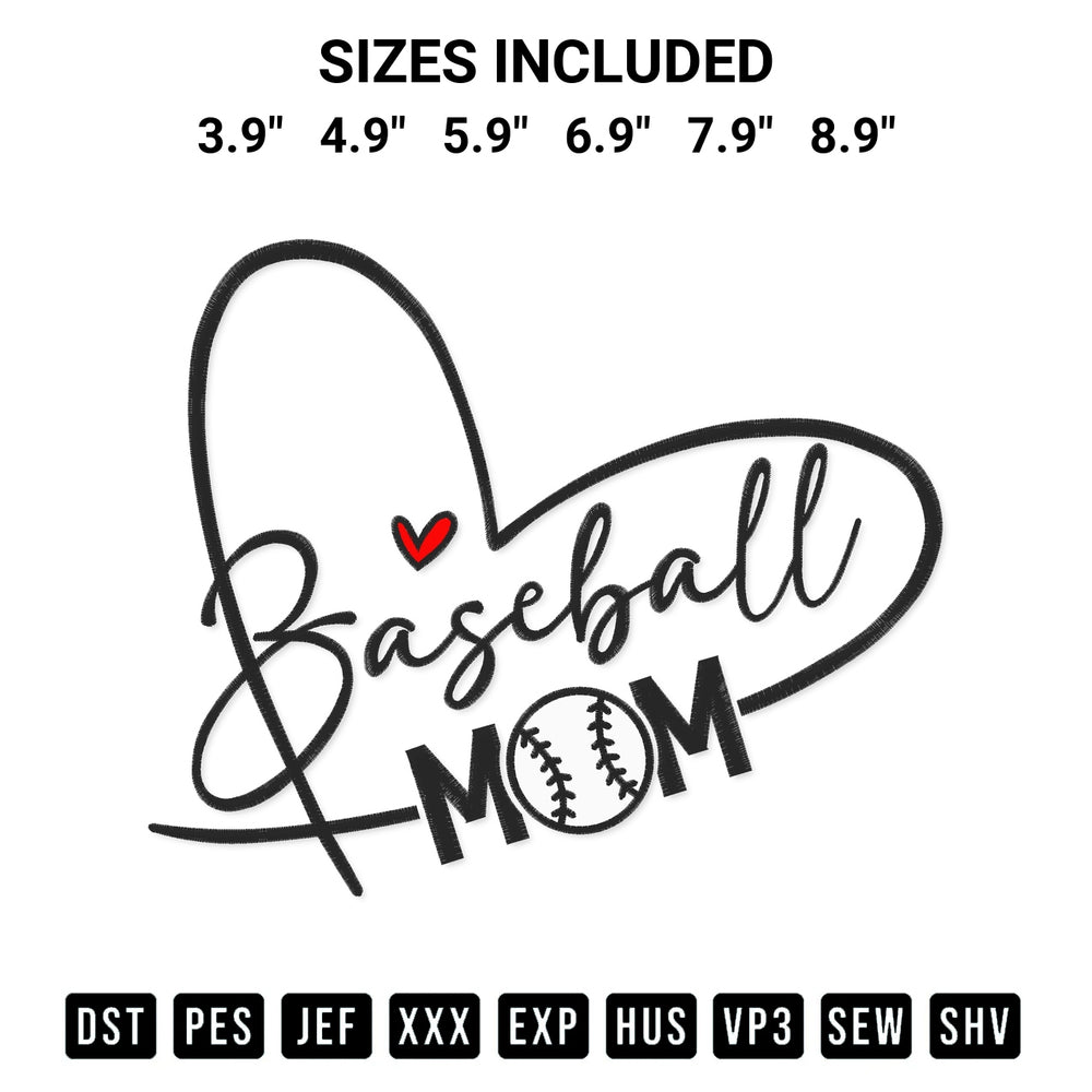 Transform your fabrics with the Baseball Mom Heart Embroidery Design embroidery design. Instant access to premium digitized patterns at Designspacks.com. Available sizes: 3.9", 4.9", 5.9", 6.9", 7.9", 8.9".