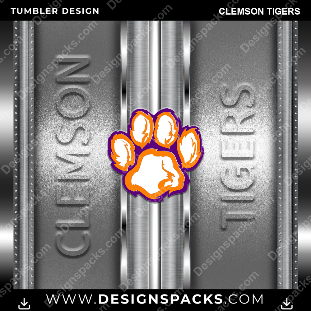 College Sport Metallic Clemson Tigers Tumbler Digital Wrap Design