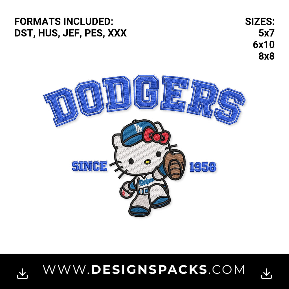 Hello Kitty Dodgers Baseball Since 1958 Embroidery Design - Instant digital download pattern at Designspacks.com