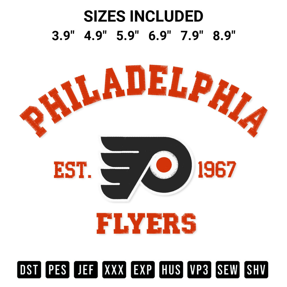 Create amazing crafts with the Philadelphia Flyers Est 1967 Hockey Embroidery Design embroidery file. High-quality digital download from Designspacks.com, perfect for beginners and pros. Available sizes: 3.9", 4.9", 5.9", 6.9", 7.9", 8.9".