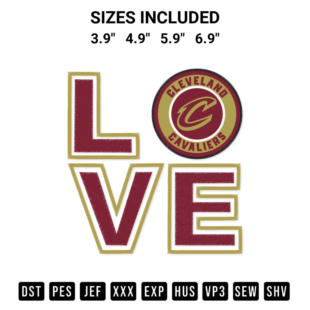 Shop the Love Cleveland Cavaliers Embroidery Design machine embroidery pattern at Designspacks.com. Beautifully digitized for flawless stitching on any fabric. Available sizes: 3.9", 4.9", 5.9", 6.9".