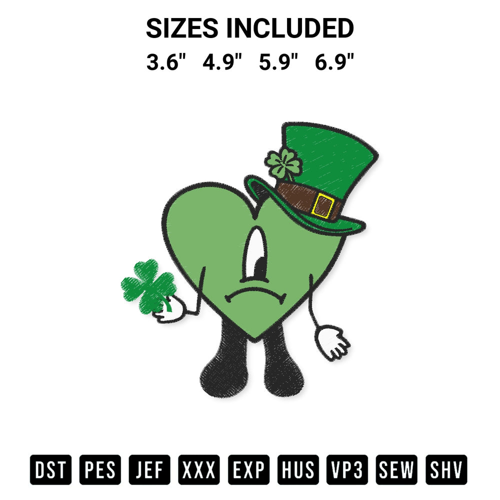 Stitch like a pro with the Sad Heart Leprechaun Hat Shamrock St. Patricks Day Bad Bunny Embroidery Design embroidery pattern from Designspacks.com. High-quality digital machine embroidery file. Available sizes: 3.6", 4.9", 5.9", 6.9".